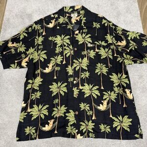 Original Island Sport Shirt Mens Large Black Hawaiian Palm Tree Pinup Aloha